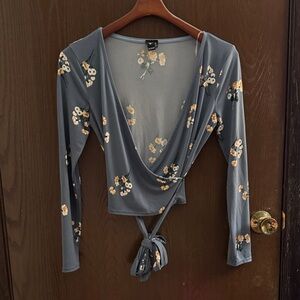 Floral Wrap Tie Top - Blue